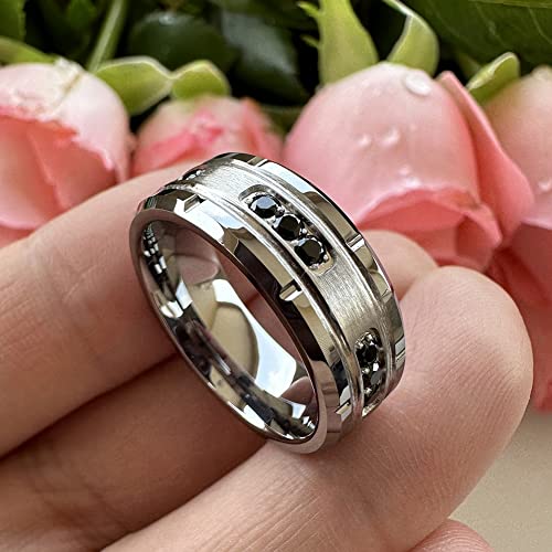 TUTISS 8mm Silver/Black Tungsten Rings for Men Women Promise Engagement Eternity Wedding Bands Black Cubic Zircon Stone Inlay All Around Matte Finish Comfort Fit - color: 8mm Tungsten
