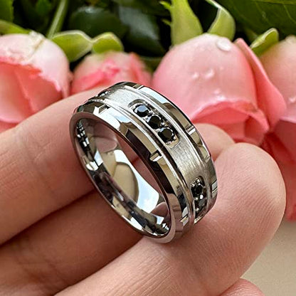 TUTISS 8mm Silver/Black Tungsten Rings for Men Women Promise Engagement Eternity Wedding Bands Black Cubic Zircon Stone Inlay All Around Matte Finish Comfort Fit - color: 8mm Tungsten