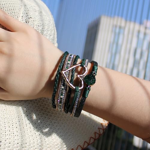 Womens Love Heart Leather Wrap Bracelet Multi-layer Stacked Bangle | Magnetic Clasp Soft PU Leather Resin Stone Rhinestone Boho Style Birthday Valentine Christmas Bohemian Jewelry Gift - color: Blackish Green