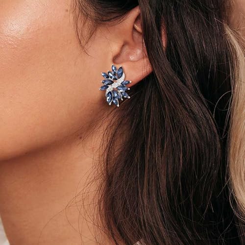 EVER FAITH Sparkly Rhinestone Clip-on Earrings for Women Bride, Fashion Marquise Crystal Cluster Wedding Bridal Stud Earring for Prom Formal Party - color: Sapphire Blue Silver-Tone