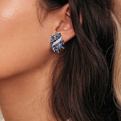 EVER FAITH Sparkly Rhinestone Clip-on Earrings for Women Bride, Fashion Marquise Crystal Cluster Wedding Bridal Stud Earring for Prom Formal Party - color: Sapphire Blue Silver-Tone