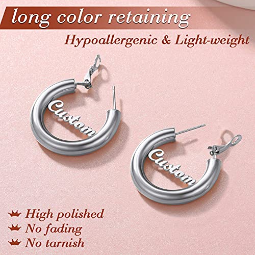 FindChic Hoop Earrings for Women, Silver/Black/14K Gold Plated Hypoallergenic Hollow Round Tube Loop Earrings, 20mm/30mm/40mm/60mm/80mm Chunky Hoops with Custom Name Options & Gift Box - color: e.Silver (Custom Name), size: 30MM