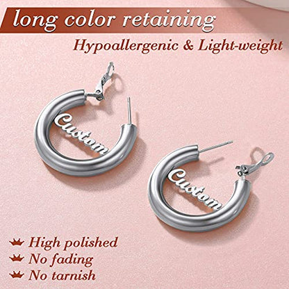 FindChic Hoop Earrings for Women, Silver/Black/14K Gold Plated Hypoallergenic Hollow Round Tube Loop Earrings, 20mm/30mm/40mm/60mm/80mm Chunky Hoops with Custom Name Options & Gift Box - color: e.Silver (Custom Name), size: 30MM
