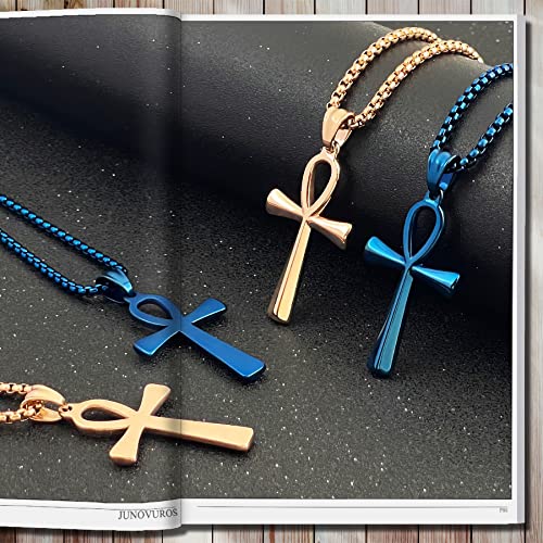 JUNOVUROS 18 to 28 Inches Rolo Chain Ancient Ankh Cross Pendant Necklace for Men Women Boys Girls 316L Stainless Steel with Large And Medium Sizes - color: H-Blue/Size:1.77 '' * 0.98 ", style: 22 Inches