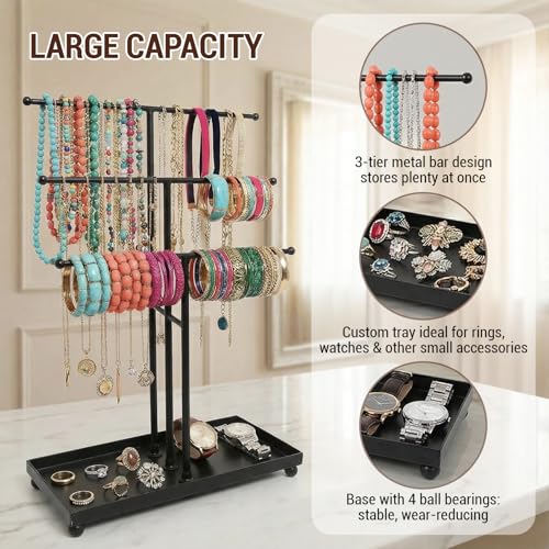 MyGift 3 Tier Black Metal Jewelry Organizer Stand with Ring Tray Base | Organize necklaces and bracelets across three tiers while the sturdy base tray keeps rings and small jewelry neatly stored