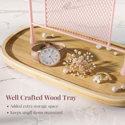 bussdis Jewelry Holder Organizer Earring Display - Earring Storage Tree Stands Towers With 6 Hooks 300 Studs Wood Tray Pink Metal Rack - color: Pink