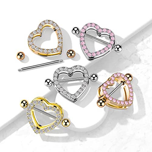 Pierced Owl - 14GA Stainless Steel Gem Paved Heart Nipple Shields, Sold as a Pair - style: Rose Gold Tone/Clear