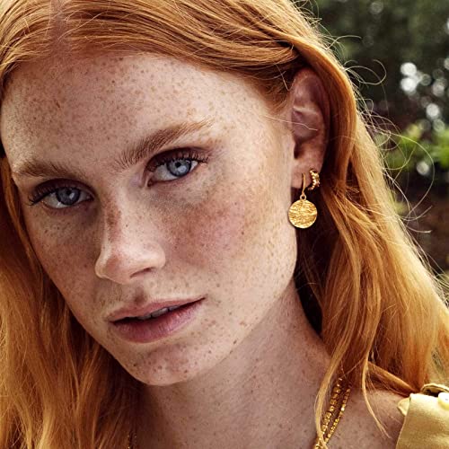 Gold Earrings 14k Gold Plated Hoop Earrings Dainty Pearl hoop Disc Coin Bead Starfish Teardrop Circle Dangle Drop Earrings for Women Hypoallergenic Jewelry Gifts - color: Hammered Disc-Gold