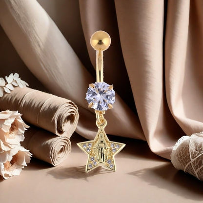 B BodyPJ Sparkles 14G Religious Belly Button Ring with Crystal Cross and Religious Charms, Stainless Steel - style: Type A,Gold