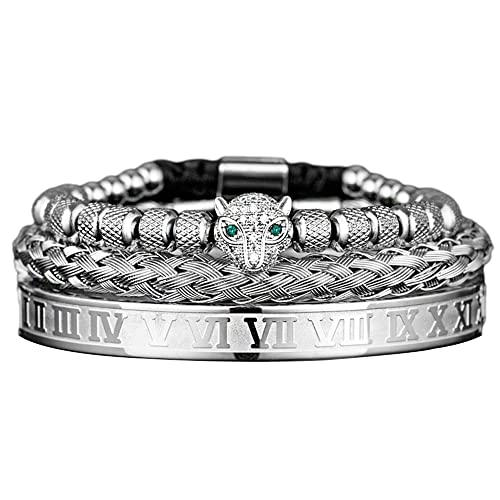 3pcs/set Classical Handmade Braiding Bracelet Hip Hop Men Pave CZ Leopard Head Roman Numeral Bracelet Stainless Steel Jewelry - color: 3pcs A Silver Set B