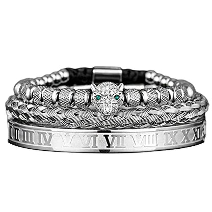 3pcs/set Classical Handmade Braiding Bracelet Hip Hop Men Pave CZ Leopard Head Roman Numeral Bracelet Stainless Steel Jewelry - color: 3pcs A Silver Set B