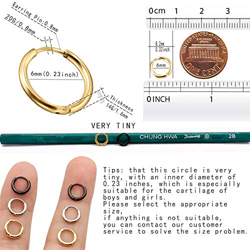 EACHLP Tiny Hoop Earrings 18K Real Gold Plating Surgical Steel Unisex - style: 6MM Hoops