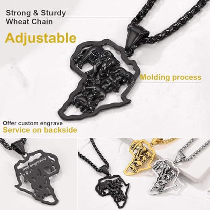 GOLDCHIC JEWELRY Africa Map Necklace for Men, Stainless Steel African Tribal/Egyptian Eye of Horus/I LOVE AFRICA/Elephant Map Hiphop Jewelry Unisex with 22'+2'Adjustable Chain - color: Elephant - Black, style: No Customization