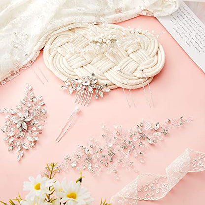 Maitys 44 Pieces Wedding Hair Accessories Faux Pearl Crystal Comb Clips U-shaped Flower Rhinestone Silver Pearl Hair Pieces for Prom Bride Bridesmaid(Elegant Style) - style: Elegant Style