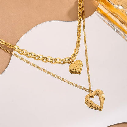 Angel Wings Loving Heart 14K Gold Plated Necklace Personality Hollow Heart Pendant Double-Deck Two Lobster Clasp Adjustable Extender - style: 14 Gold Angel Wings+Loving Heart