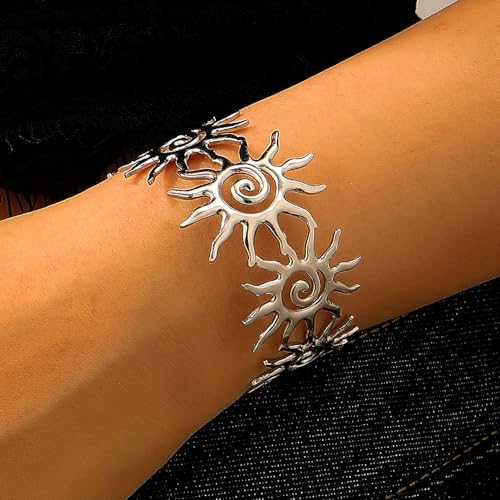 Chunky Gold Sun Cuff Bracelet for Women – Boho Spiral Sun Statement Jewelry, Stainless Steel Adjustable Wide Metal Bangle for Holiday Fashion - color: Silver