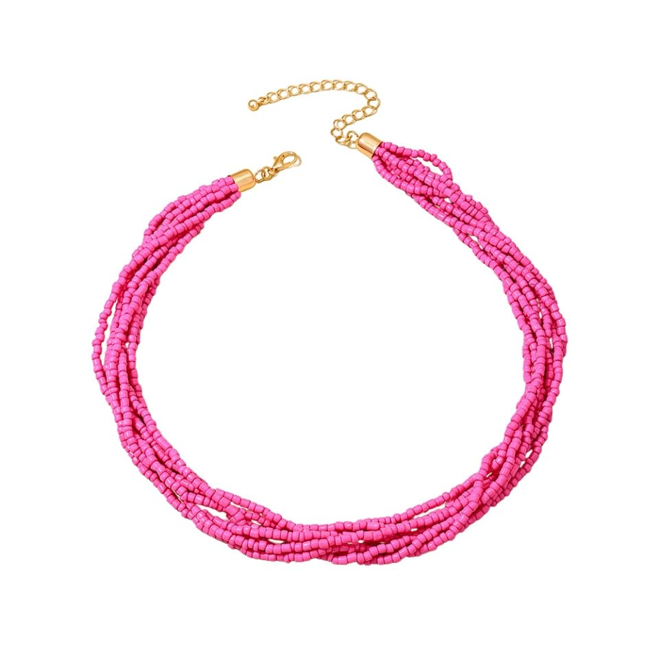 Colorful Multi-layered Seed Beaded Necklace Choker For Women Bohemian Handmade Crystal Stone Gemstone Hawaiian Necklace Holiday Birthday Summer Beach Jewelry Gift - color: Rose Pink