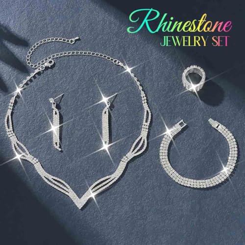 Rhinestone Bridal Wedding Jewelry Sets Black Necklace Earrings Bracelet Ring Set Prom Formal Costume Jewelry Set for Women and Brides - color: Silver