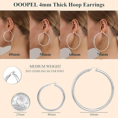 4mm Thick Gold Chunky Earrings Steling Silver Post Hoops Earrings For Women Hollow Tube Hoops Earrings Thick Gold Hoop Earrings Hypoallergenic Lightweight Gold Hoop Large Earrings 20/30/40/50/60MM - color: Silver,60mm