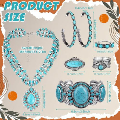 Ecally Bohemian Western Jewelry Turquoise Set Women Country Pendant Long Choker Layered Bracelets Earrings Ring for Women - color: Turquoise, style: Rustic
