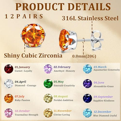 LOYALLOOK 12 Pairs Stainless Steel Cubic Zirconia Stud Earrings, Brilliant Cut Round CZ Earrings set, Birthstone Stud Earrings for Women - style: 6#: 6mm 12 pairs