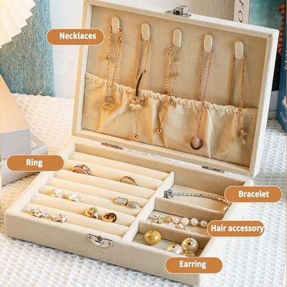 Small Jewelry Box for Women - Velvet Jewelry Box Organizers and Storage, Necklace, Earring, Ring, Bracelets Box (Ivory white)