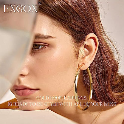 EXGOX 5mm Wide Gold Hoop Earrings for Women,Sterling Silver Hoop Earrings Large Silver Hoop Earrings Hypoallergenic Lightweight 14K Real Gold Plated Big Hoop Earrings for Women 30/40/50/60/70mm - color: Gold Color/60MM