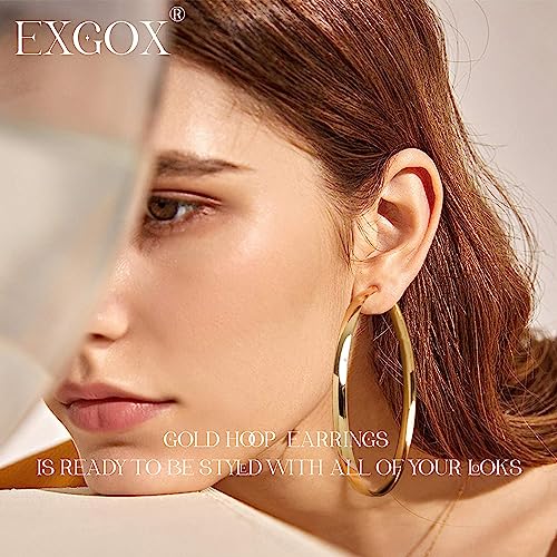 EXGOX 5mm Wide Gold Hoop Earrings for Women,Sterling Silver Hoop Earrings Large Silver Hoop Earrings Hypoallergenic Lightweight 14K Real Gold Plated Big Hoop Earrings for Women 30/40/50/60/70mm - color: Gold Color/60MM