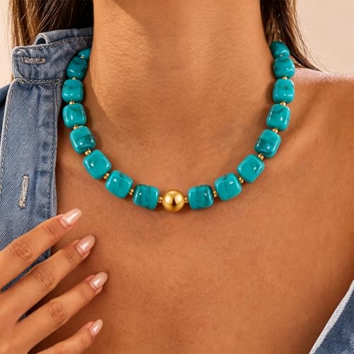 VIBILIA Boho Beaded Chunky Statement Necklace for Women Y2K Summer Jewelry | Boho Handmade Large Resin Bead Strand, Trendy Statement Summer Vacation Holiday Jewelry - color: Square-Turquoise
