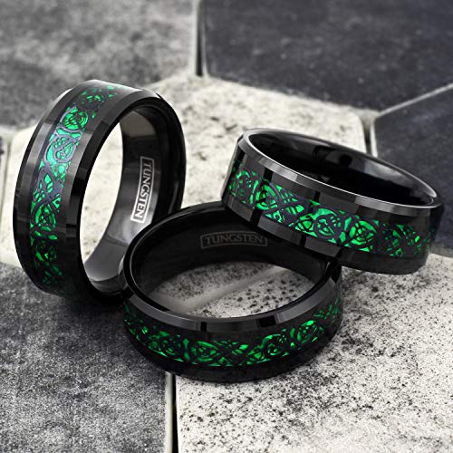 Engraved Personalized 6mm/8mm Polished Black Tungsten Carbide Band Ring w/Black Celtic Dragon on Iridescent Kelly Green Faux Carbon Fiber Inlay.