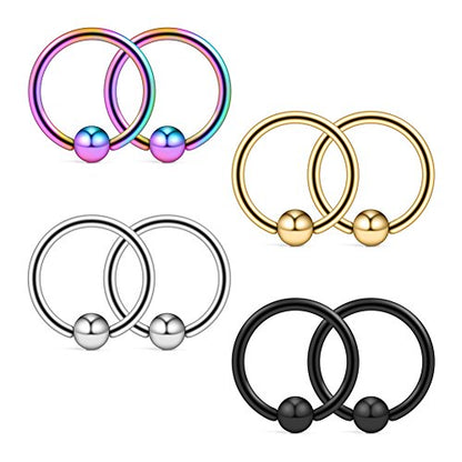 8PCS Assorted Colors Stainless Steel Body Jewelry Ball Eyebrow Ear Navel Belly Lip Piercing Bar Ring 16G 8mm - style: Captive Bead Nose Rings