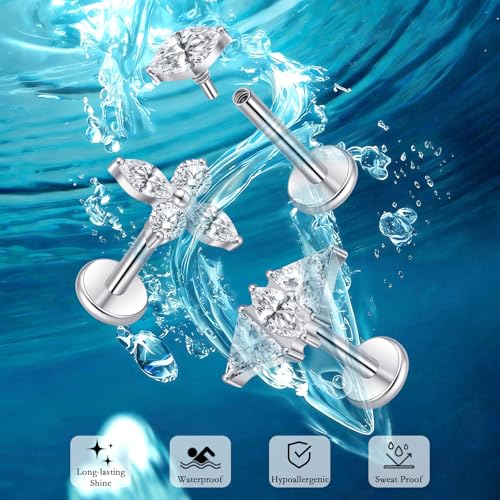limerencia Titanium Internally Threaded Flat Back Earrings, 3 Pcs Implant Grade Hypoallergenic Studs, 18G Tragus Helix Conch Cartilage Piercing Jewelry for Sensitive Ears Women Men, Gold/Silver - color: Silver-Vibe A