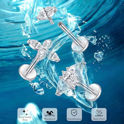 limerencia Titanium Internally Threaded Flat Back Earrings, 3 Pcs Implant Grade Hypoallergenic Studs, 18G Tragus Helix Conch Cartilage Piercing Jewelry for Sensitive Ears Women Men, Gold/Silver - color: Silver-Vibe A