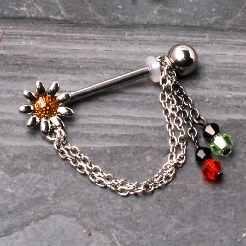 316L Stainless Steel Chained Flower & Beads Nipple Shield Sold As Pair