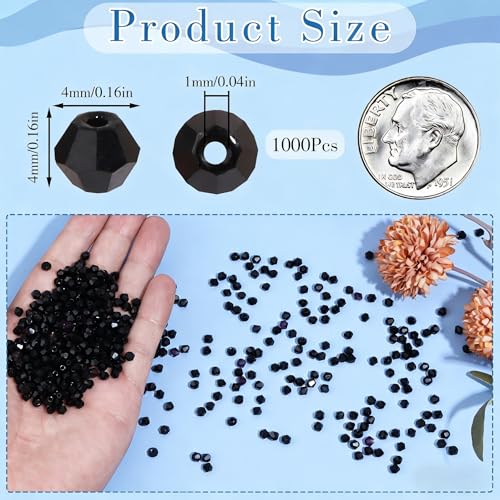 1000Pcs 4mm Faceted Crystal Glass Bicone Beads Loose Bead for DIY Bracelet Necklace Earring Keychain Jewelry Making,Black - color: Black