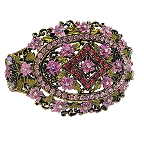 Rosemarie & Jubalee Women's Stunning Vintage Inspired Burnished Gold Statement Victorian Elegance Metal Frame Hinged Cuff Bangle Bracelet, 6.75" - style: Pink Flowers