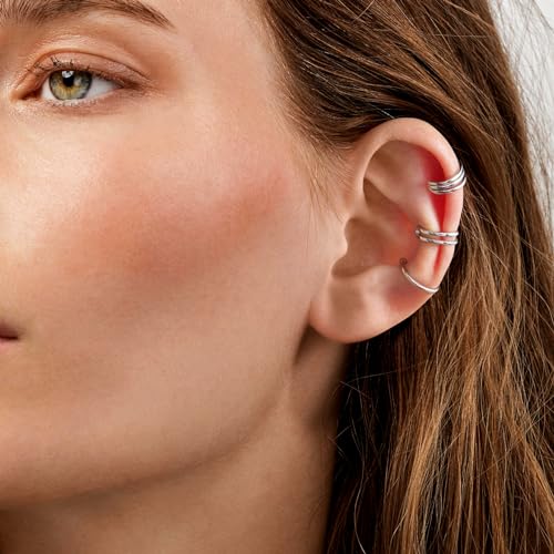 CHIC & ARTSY Sterling Silver Ear Cuff Set - Hypoallergenic, Simple, Adjustable No Piercing Clip on Earrings - color: #3 silver