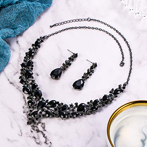 Women's Wedding Statement Necklace Dangle Earring Jewelry | Austrian Crystal Teardrop Cluster,Necklaces Earrings Set for Bride Bridesmaid,Prom Accessories - color: 02-Black Black-Tone
