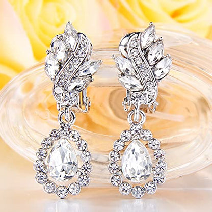 EleQueen Women's Austrian Crystal Art Deco Tear Drop Dangle Earrings Clip-on - color: 03-Silver-tone Clear