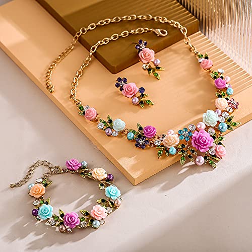EVER FAITH Costume Jewelry Crystal Simulated Pearl Rose Flower Leaf Prom Party Statement Necklace Earrings Bracelet Set for Women - color: Multicolor Gold-Tone