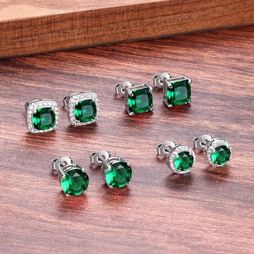 MILACOLATO S925 Sterling Silver Stud Earrings for Women Men Hypoallergenic 18K Gold Plated Cubic Zirconia Earrings Studs Brilliant Simulated Diamond Halo Earring for Sensitive Ears - style: 18K White Gold Plated - Emerald CZ