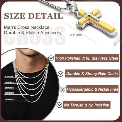 Men's Cross Necklace 316L Stainless Steel Large Heavy Cross Pendant for Men Polished Jewelry Rolo Chain with 22'' 24'' 26'' - color: D-silver and gold-tone, size: 22 inch