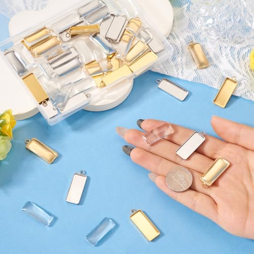 Craftdady Stainless Steel Pendant Cabochon Settings Heart Square Teardrop Flat Round Oval Rectangle Blank Bezel Trays Base Pendant with Glass Cabochons for DIY Earrings Necklace Jewelry - color: Golden & Stainless Steel Color Rectangle