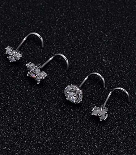 9Pcs Nose Rings Stud L Bone Screw Shaped Nose Ring Flower CZ Snowflake Butterfly Screw Nose Stud Body Piercing Jewelry for Women Men 20G Silver Gold Rose Gold Tone - color: E:Silver Tone&Screw Shaped