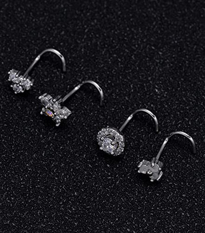 9Pcs Nose Rings Stud L Bone Screw Shaped Nose Ring Flower CZ Snowflake Butterfly Screw Nose Stud Body Piercing Jewelry for Women Men 20G Silver Gold Rose Gold Tone - color: E:Silver Tone&Screw Shaped