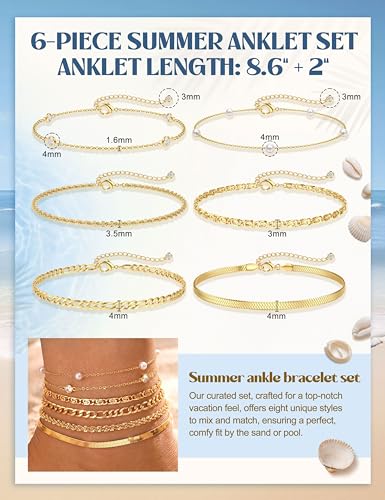 Subiceto Ankle Bracelets for Women Waterproof - 14K Gold Plated Non Tarnish Anklets Set Dainty Stainless Steel Stackable Layered for Beach Summer Jewelry Adjustable - color: 6Pcs-14K Gold Plated
