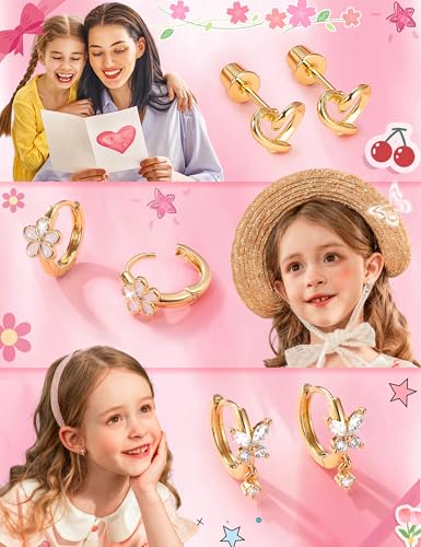 ORAZIO Hypoallergenic Earrings for Girls Women Kids Surgical Stainless Steel Screw Back Bow Heart Flower Stud Hoop Toddler Kids Earrings for Girls Sensitive Ears Over 4 Years Old - color: 8Pairs-gold girls earrings