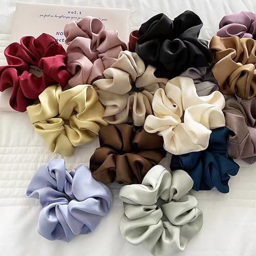 Big Satin Scrunchies for Women, 5.2 Inches Large Scrunchie, Silk Elastic Ponytail Holders for Girls, Jumbo Hair Ties for Thick/Curly Hair, Soft Scrunchy No Crease No Pilling, 4 Pack - color: Black+Coffee