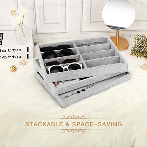 Emibele Sunglass Organizer Jewelry Tray, 8 Grids Velvet Stackable Tray | Detachable Glasses Eyeglasses Jewelry Watch Storage Showcase Display Tray, Gray - style: A1- eight Grids Grey