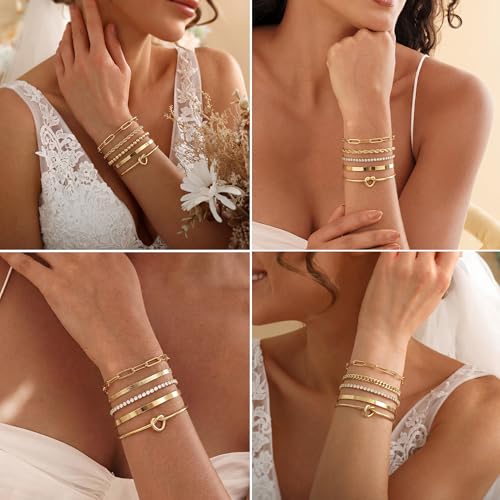 14K Gold Plated Stackable Bangle Bracelets Set for Women | Cuff Bracelet Stackable Bangles Bracelet for Women Trendy Fashion Accessories Tie Knot Cuban Rope Paperclip Beaded Bracelets - color: 5-layer B GD